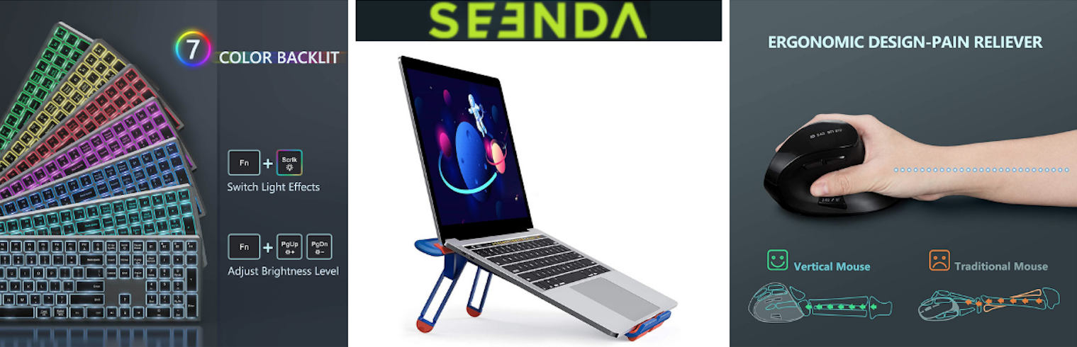 US Japan Fam's 2021 Back to School Giveaway featuring Seenda keyboard, vertical ergonomic mouse, and laptop stand