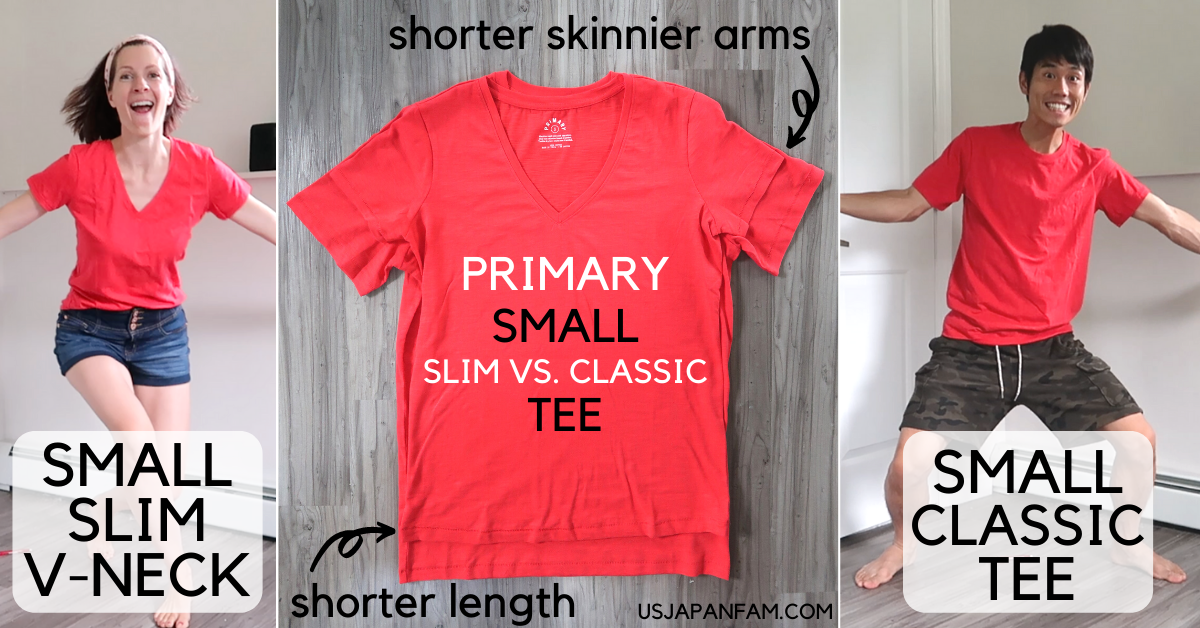 US Japan Fam reviews Primary kids clothing - comparing adult slim vs. classic tees