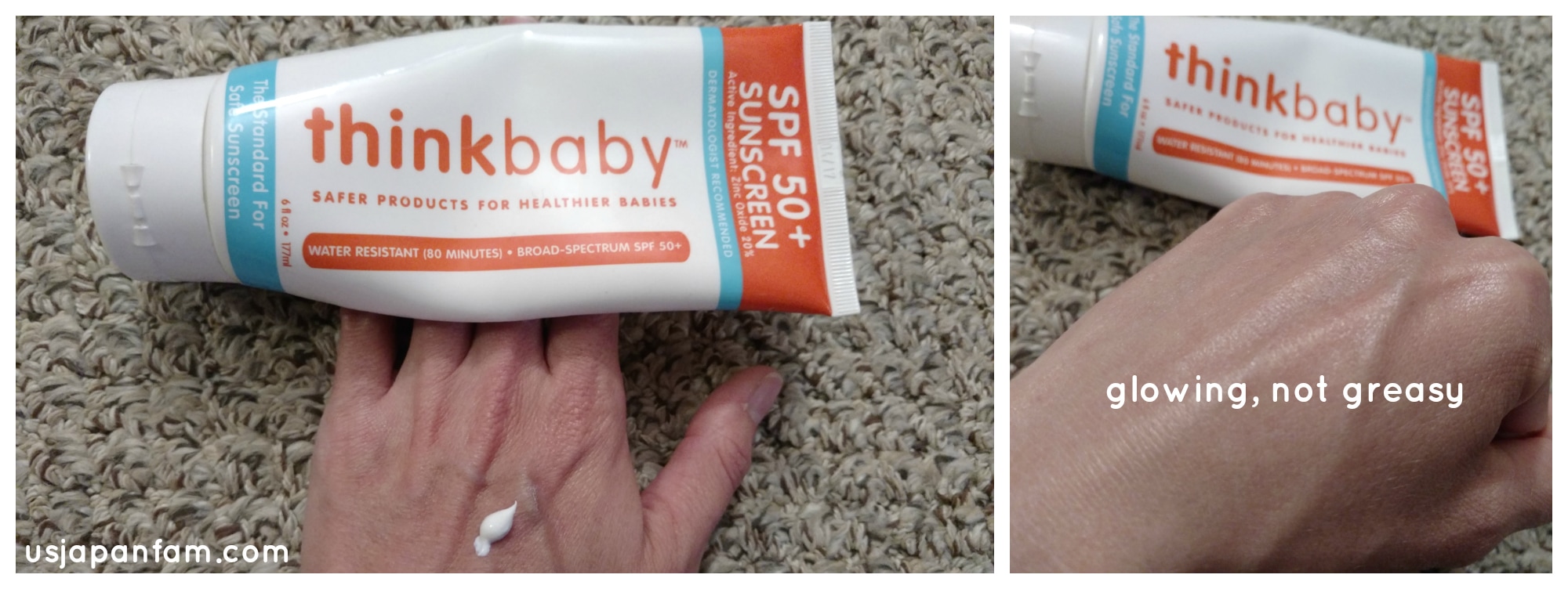 US Japan Fam reviews & loves thinkbaby sunscreen - it leaves you glowing, not greasy!